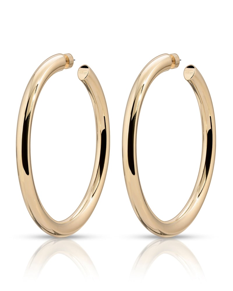 Front of a size one-size-fits-all 2" Kelly Hoops Gold in Gold by Eklexic. | dia_product_style_image_id:285633